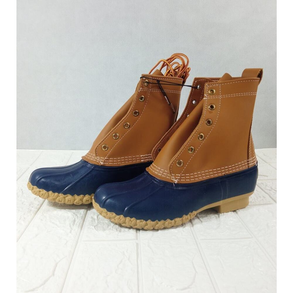 L.L.Bean Boots Duck DM Leather Waterproof Rain Brown Blue USA Made W 8 M 7 NEW! - Picture 3 of 8